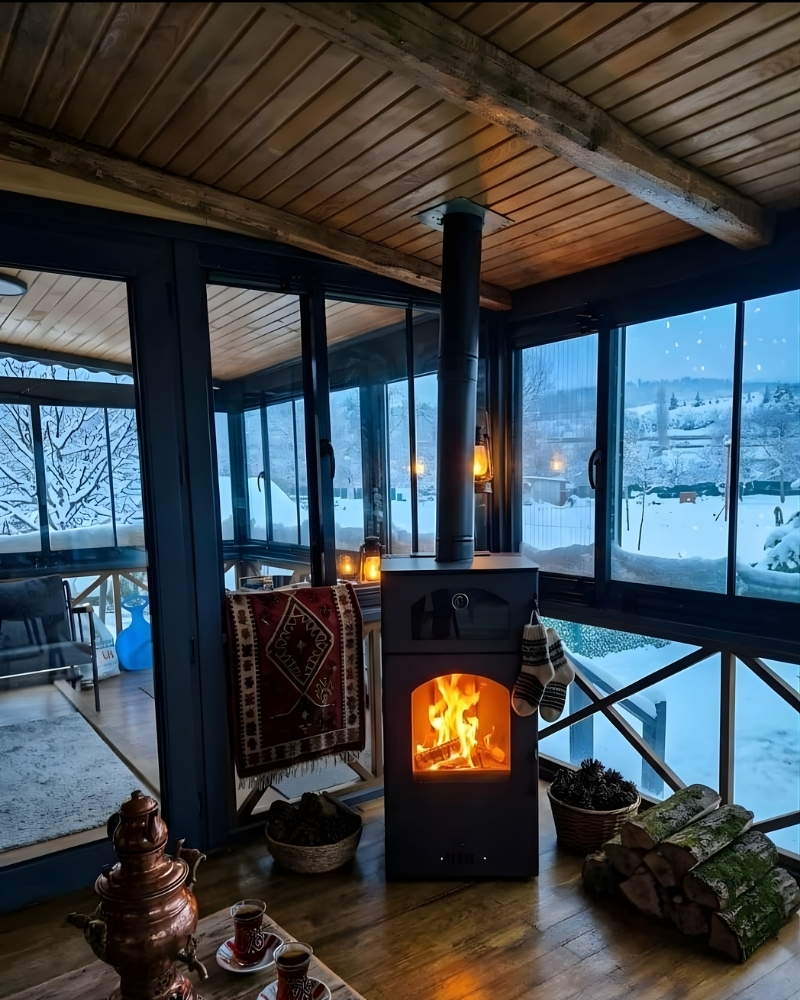 Beestove MZ07 kuzineli hibrit soba kış bahçesi karlı manzara şömine keyfi